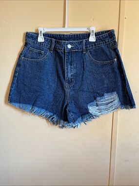 SHEIN Dark Blue Distressed Frayed Denim Shorts